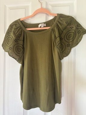 LOFT Olive Green Eyelet Flutter Sleeve Tee